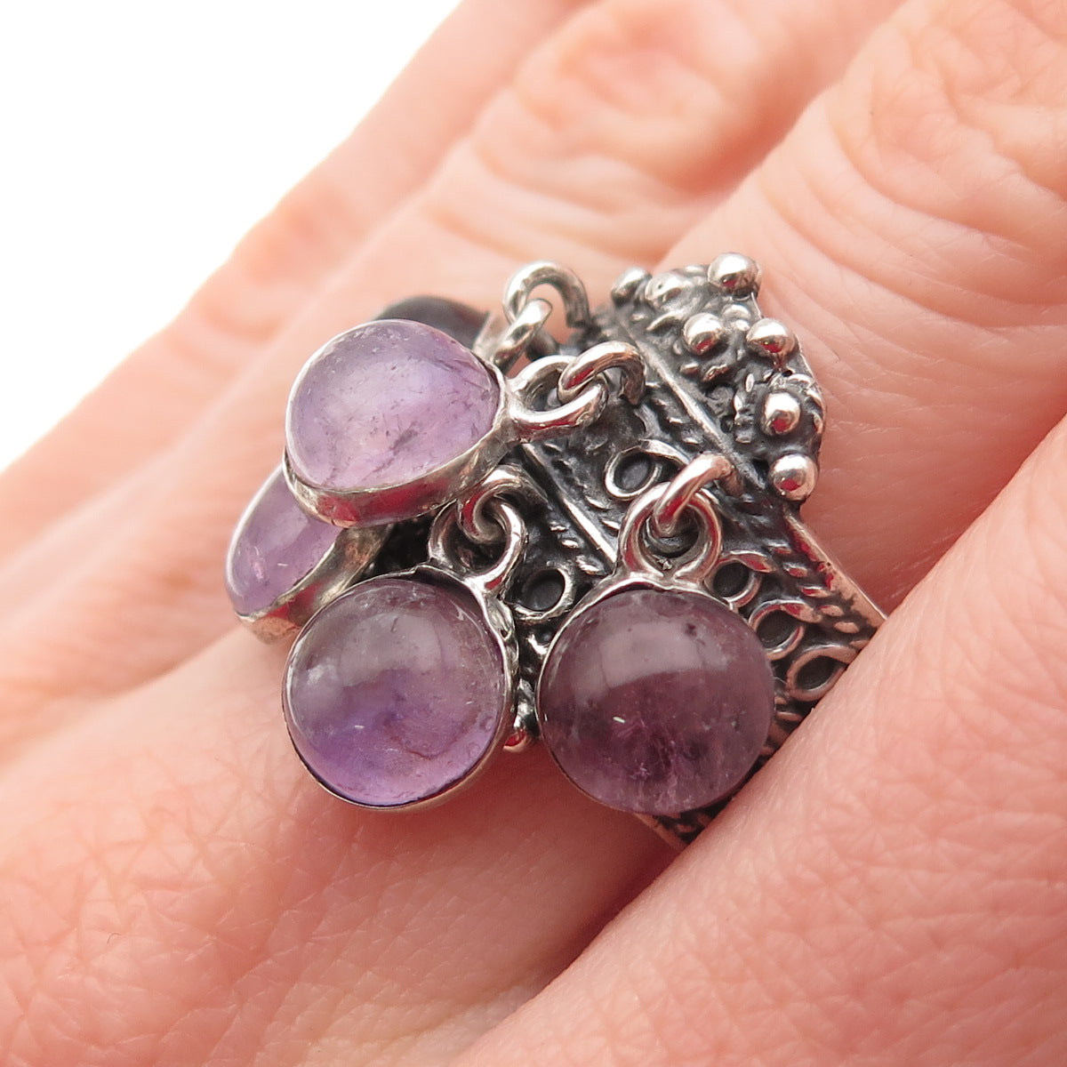 925 Sterling Silver Vintage Mexico Real Amethyst Dangle Charms Ring Size 8.25