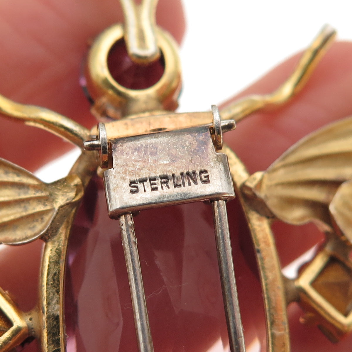 925 Sterling Silver Gold Plated Antique Art Deco Real Amethyst Scarab Fur Clip