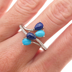 Chuck Clemency 925 Sterling Silver Real Turquoise Lapis & C Z Bypass Ring Size 8