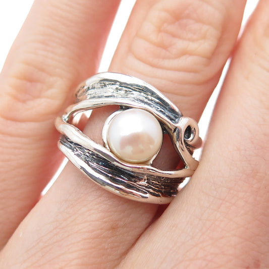 HAGIT GORALI 925 Sterling Vintage Israel Pearl Modernist Oxidized Ring Size 5.5