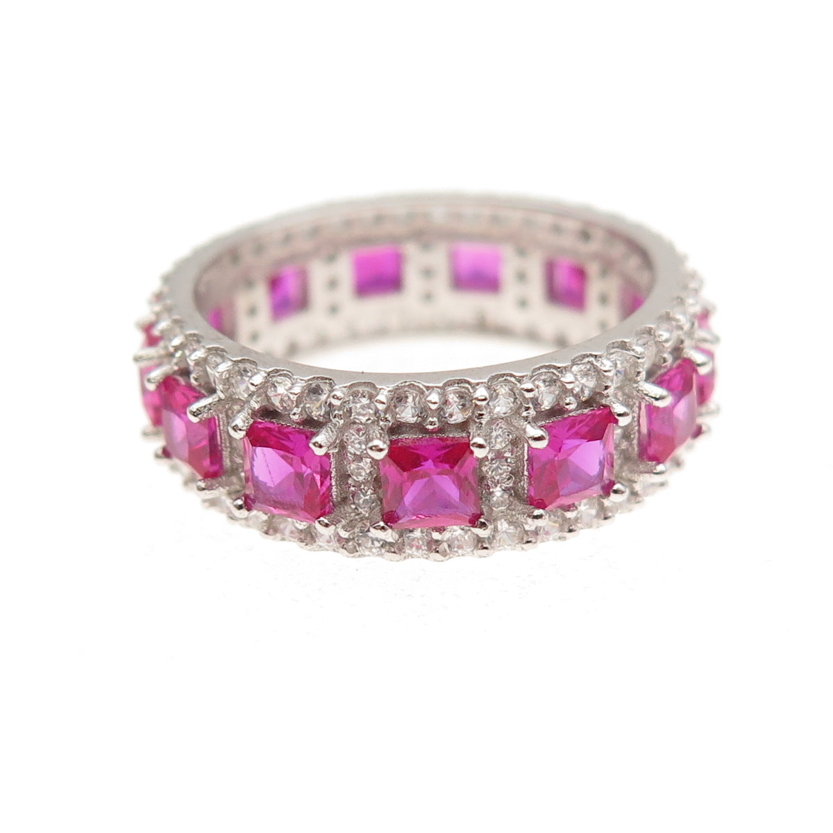 925 Sterling Silver Lab-Created Ruby & C Z Eternity Band Ring Size 5.5