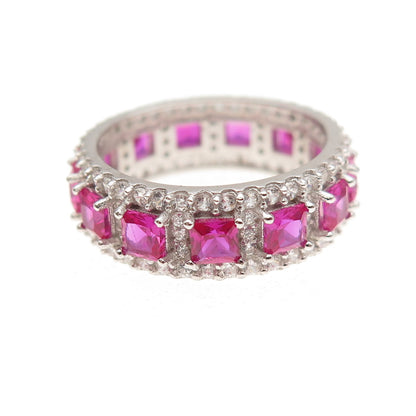 925 Sterling Silver Lab-Created Ruby & C Z Eternity Band Ring Size 5.5