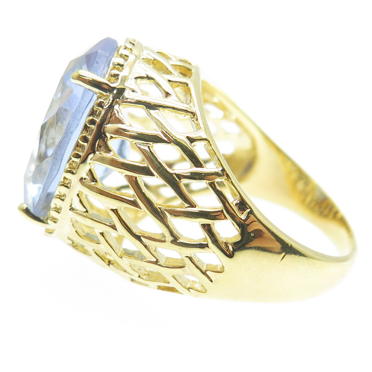 925 Sterling Silver Gold Plated Checkered Blue Crystal Cage Domed Ring Size 8.25