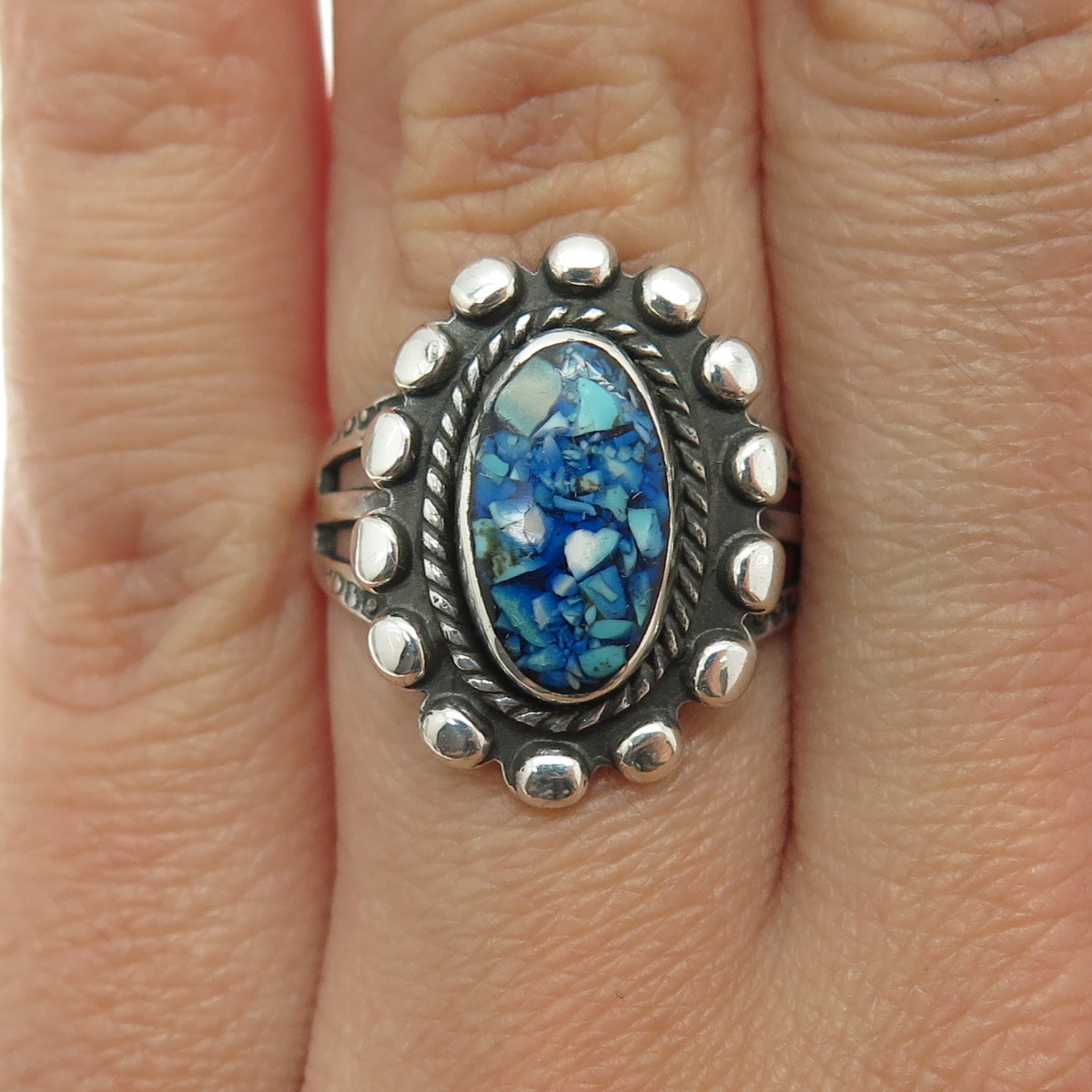 Old Pawn Sterling Silver Vintage Turquoise Inlay Beaded Oxidized Ring Size 6.25