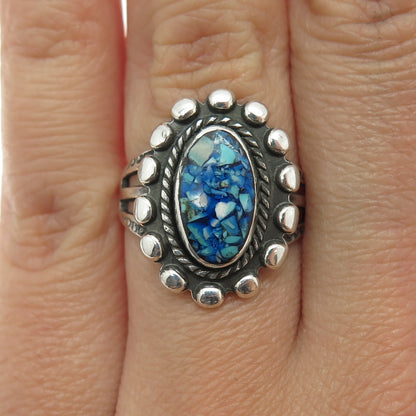 Old Pawn Sterling Silver Vintage Turquoise Inlay Beaded Oxidized Ring Size 6.25