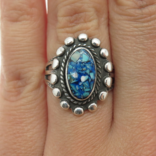 Old Pawn Sterling Silver Vintage Turquoise Inlay Beaded Oxidized Ring Size 6.25