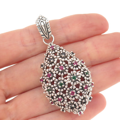 SX Sally C 925 Sterling Silver Vintage Real Sapphire Ruby Emerald Charm Pendant