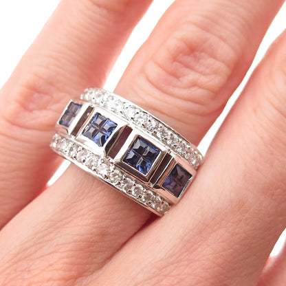 925 Sterling Silver Blue Princess & White Round-Cut C Z Ring Size 6