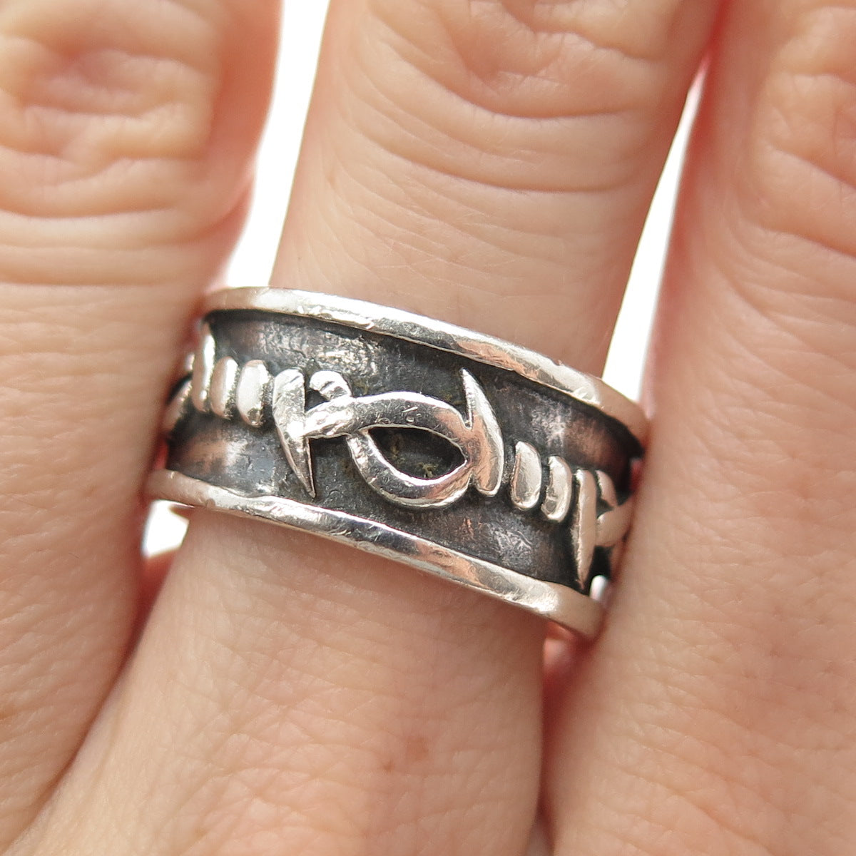 KEN CRAFTS 925 Sterling Silver Vintage Barbed Wire Oxidized Band Ring Size 9.75