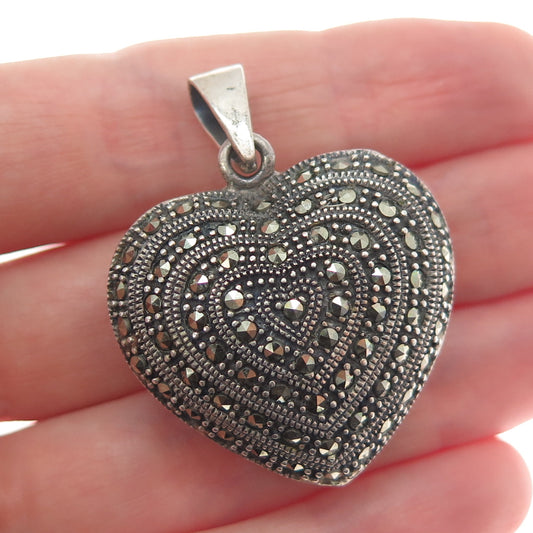 925 Sterling Silver Vintage Real Marcasite Heart Oxidized Charm Pendant