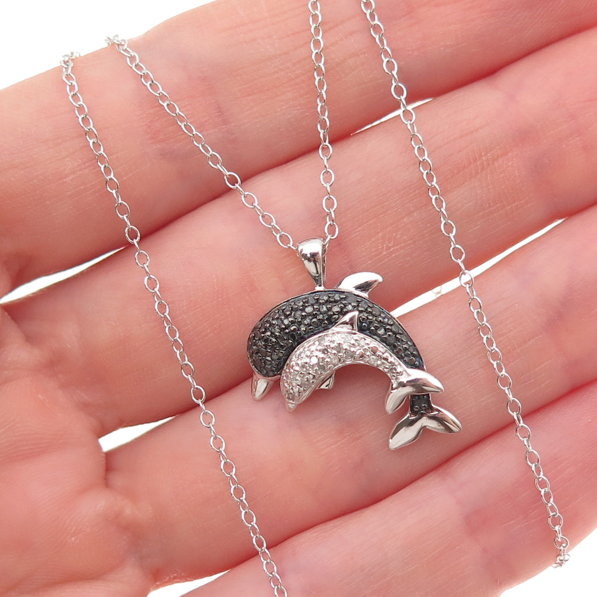 925 Sterling Silver Real Black & White Diamond Dolphin Cable Chain Necklace 18"