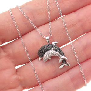 925 Sterling Silver Real Black & White Diamond Dolphin Cable Chain Necklace 18"