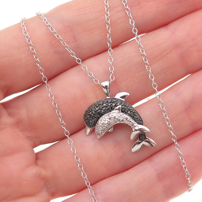 925 Sterling Silver Real Black & White Diamond Dolphin Cable Chain Necklace 18"