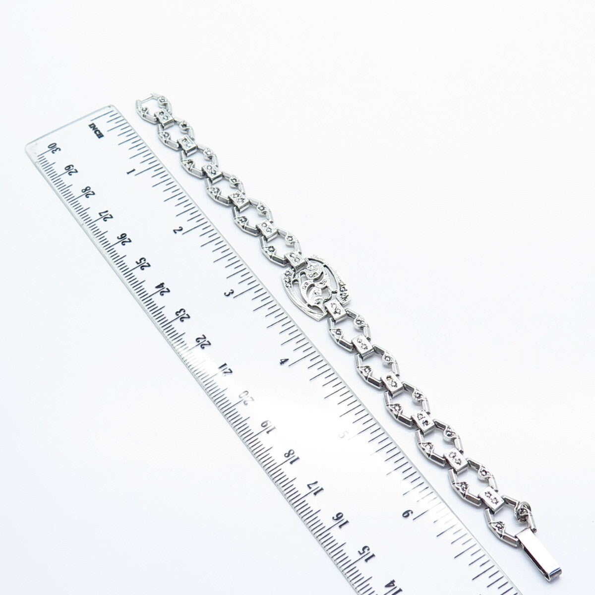 925 Sterling Silver Antique Real Marcasite Gemstone Panel Link Bracelet 7"