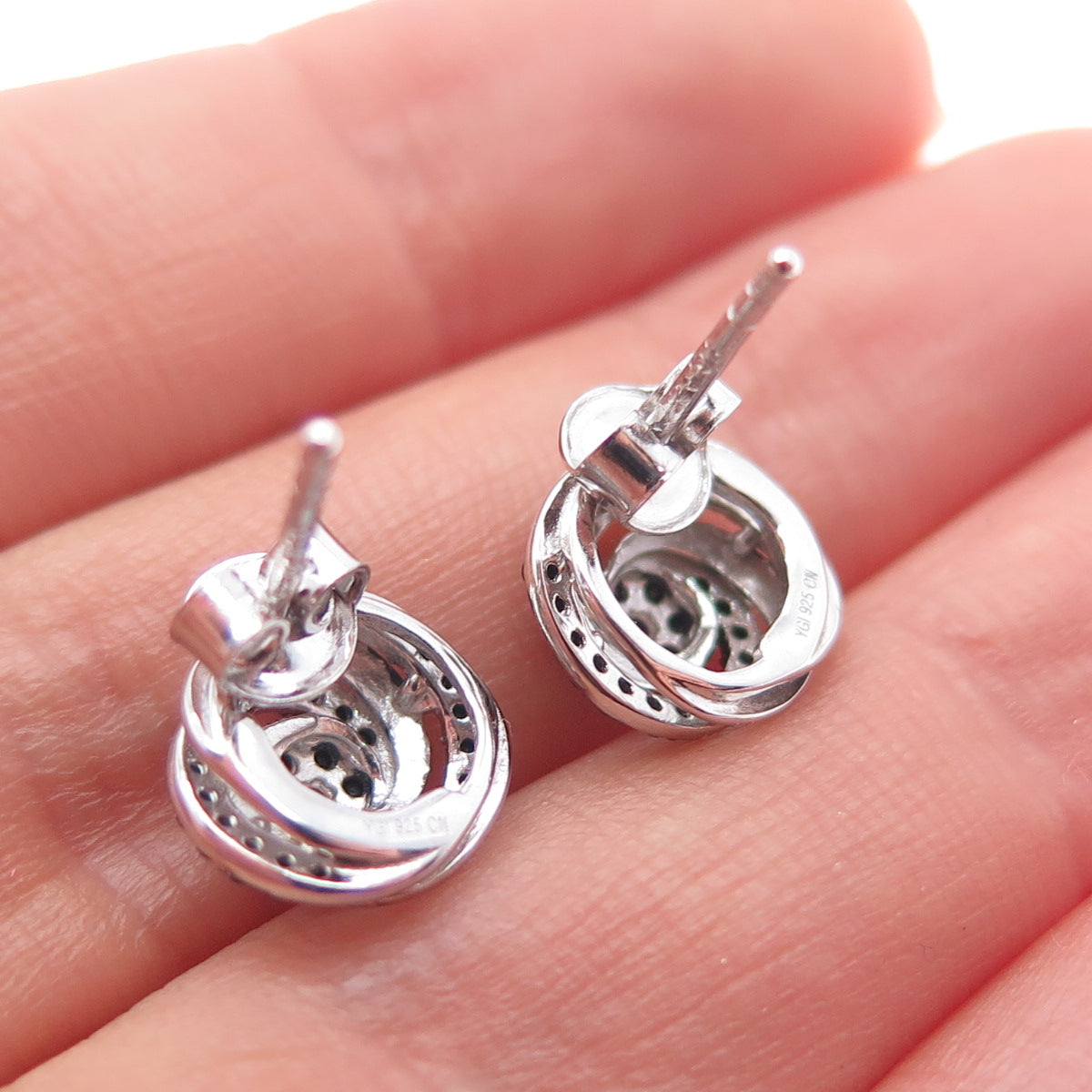 925 Sterling Silver Round-Cut Black C Z Twisted Stud Earrings