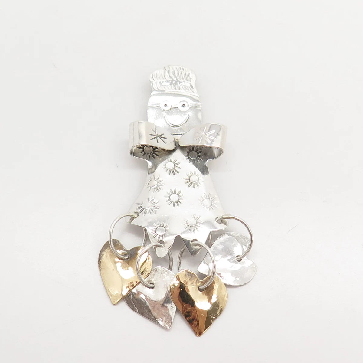 925 Sterling Silver 2-Tone Vintage Snowman & Heart Dangling Pin Brooch