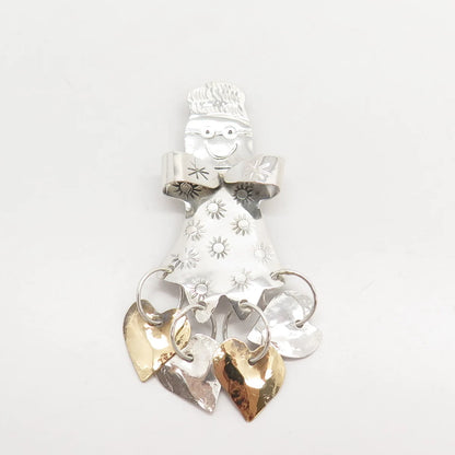 925 Sterling Silver 2-Tone Vintage Snowman & Heart Dangling Pin Brooch