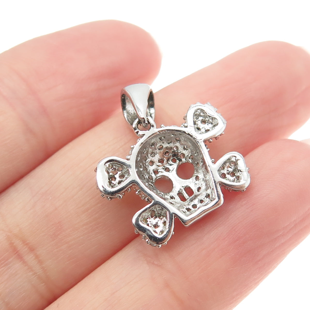 925 Sterling Silver Round-Cut C Z Skull Crossbones Minimalist Pendant