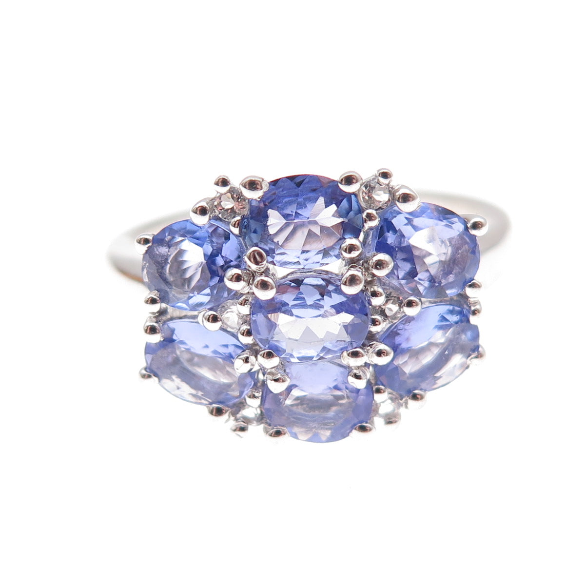 925 Sterling Silver Real Oval-Cut Tanzanite Floral Cluster Ring Size 8