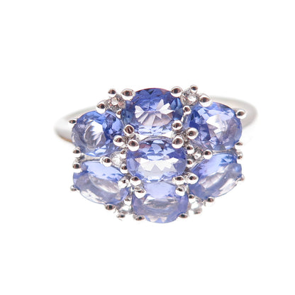 925 Sterling Silver Real Oval-Cut Tanzanite Floral Cluster Ring Size 8
