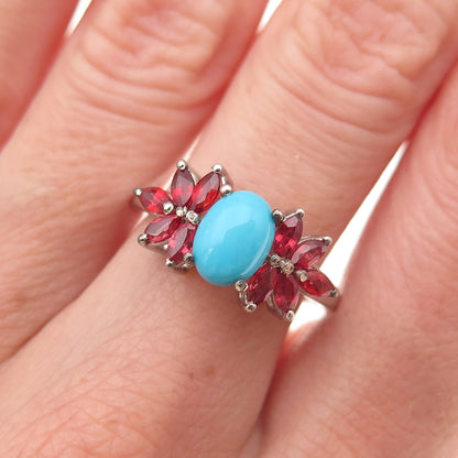 Chuck Clemency 925 Sterling Silver Real Turquoise & Red Sapphire Ring Size 8.25