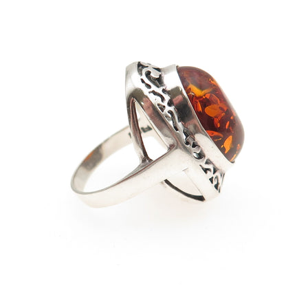 VALERIO V8 925 Sterling Silver Vintage Poland Real Amber Modernist Ring Size 6