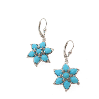 D'Joy 925 Sterling Silver Real Sleeping Beauty Turquoise Floral Dangle Earrings