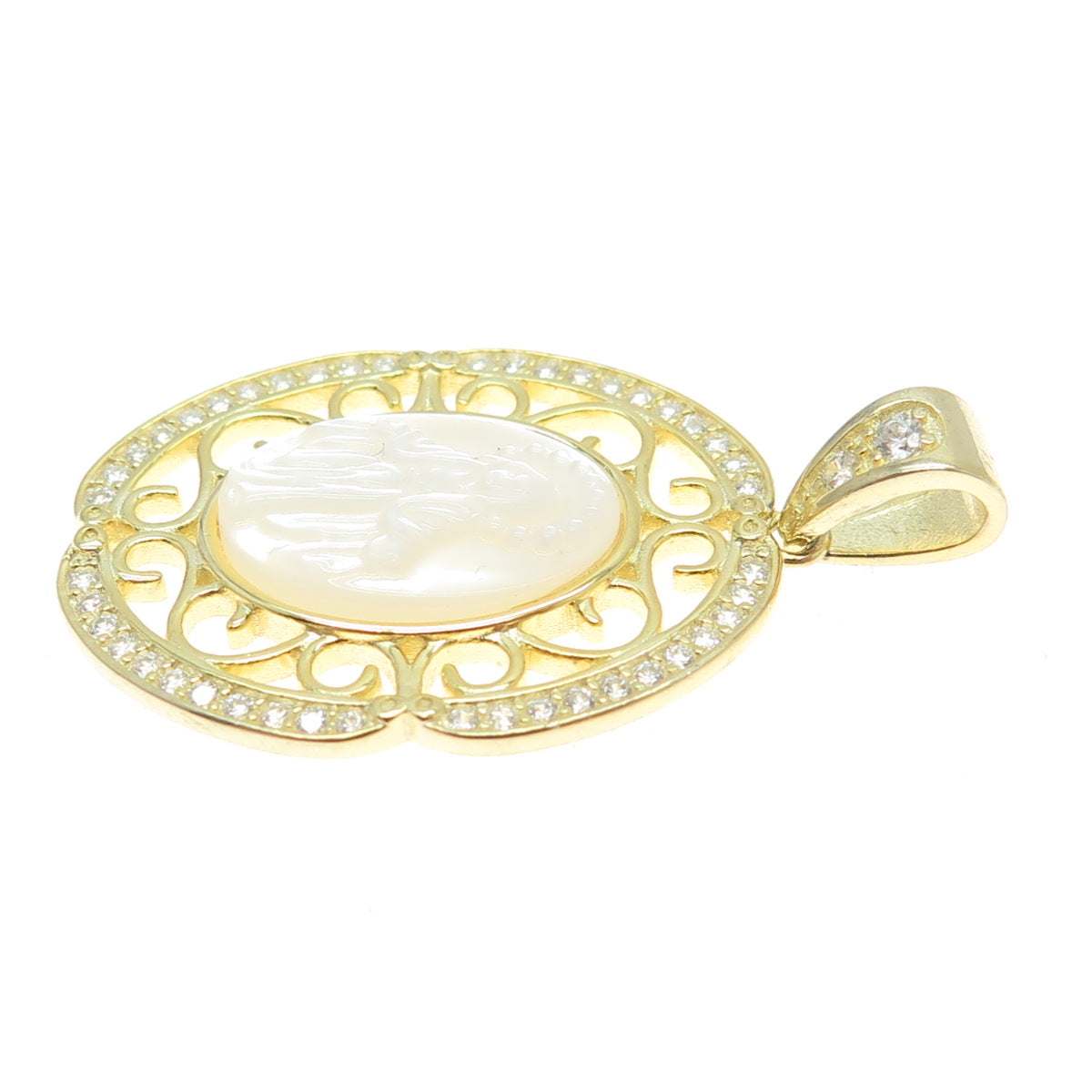925 Sterling Silver Gold Plated Mother-of-Pearl & C Z Religious Theme Pendant