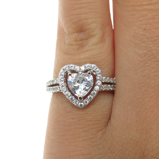 925 Sterling Silver Heart & Round-Cut C Z Promise Ring Size 5