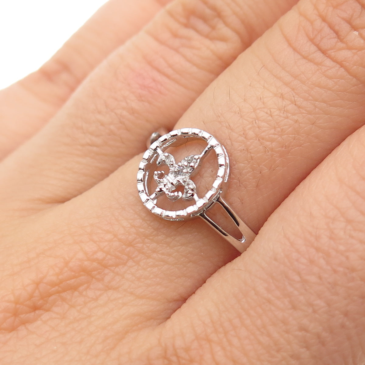 925 Sterling Silver Real Round-Cut Diamond Fleur de Lis Ring Size 8