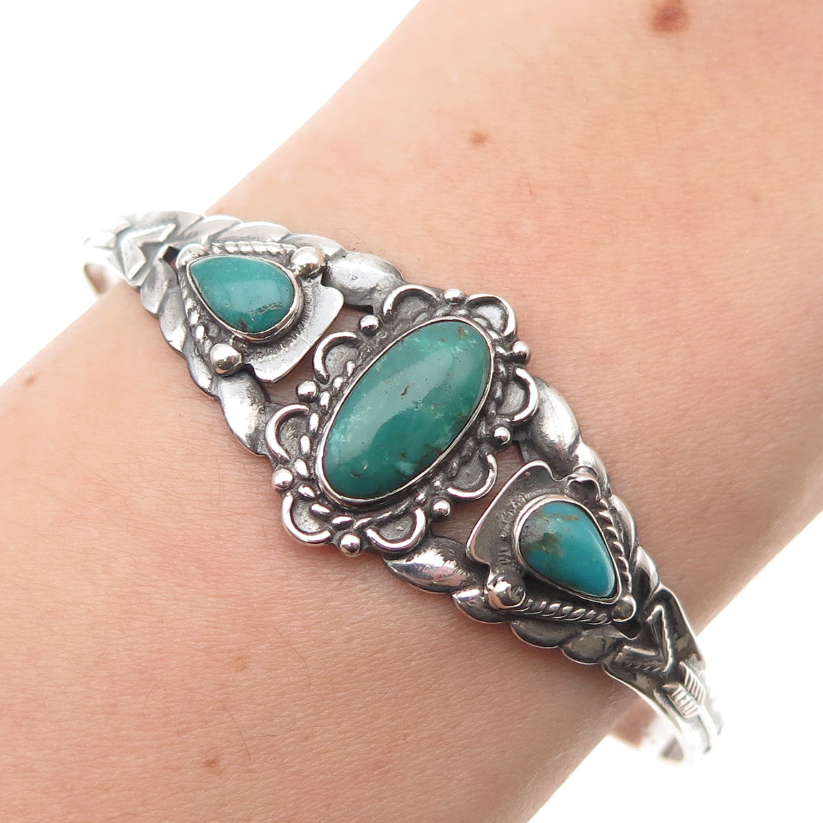 Old Pawn 925 Sterling Silver Vintage Kingman Turquoise Adjustable Bracelet 6.25"