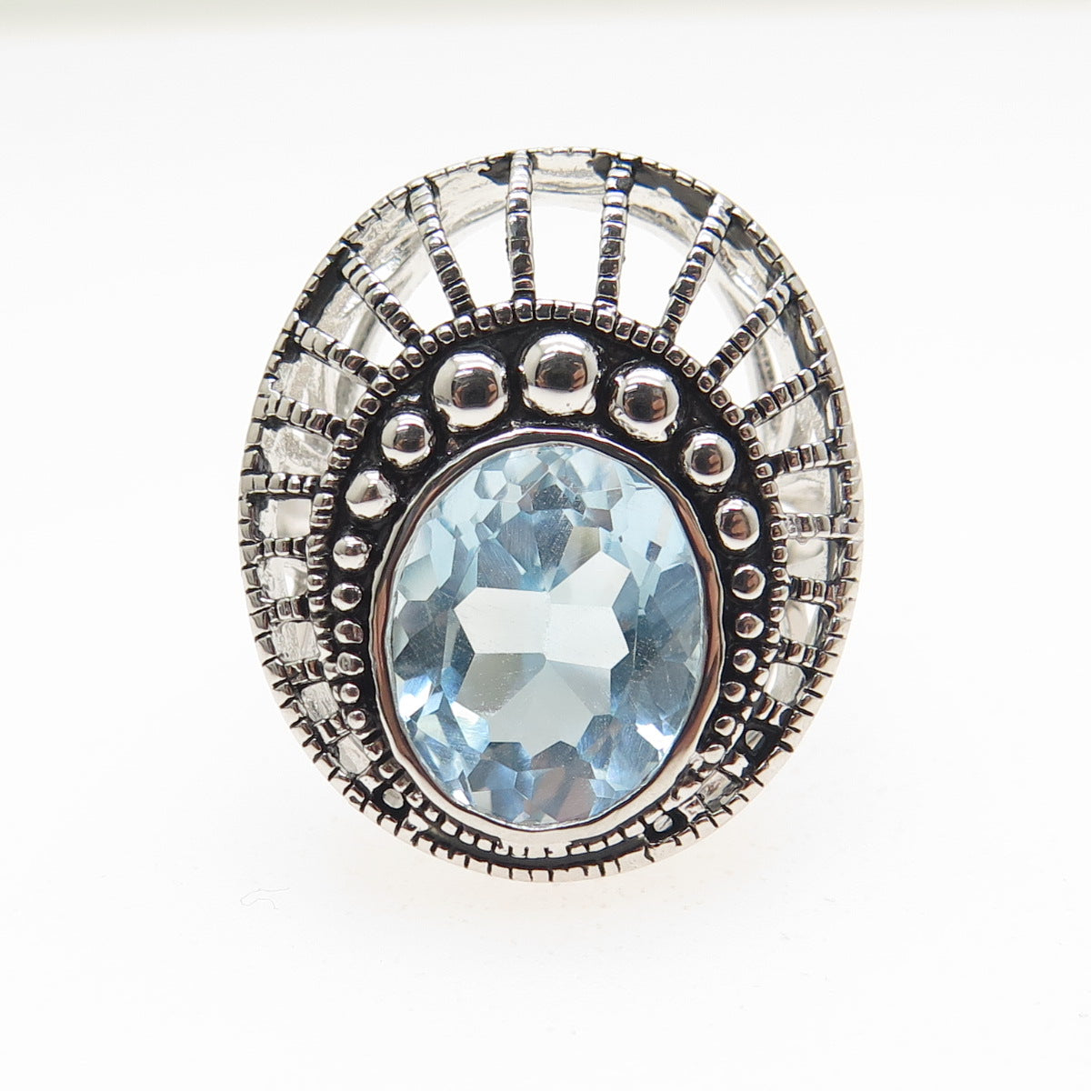 925 Sterling Silver Real Oval-Cut Blue Topaz Sunrise Oxidized Ring Size 7