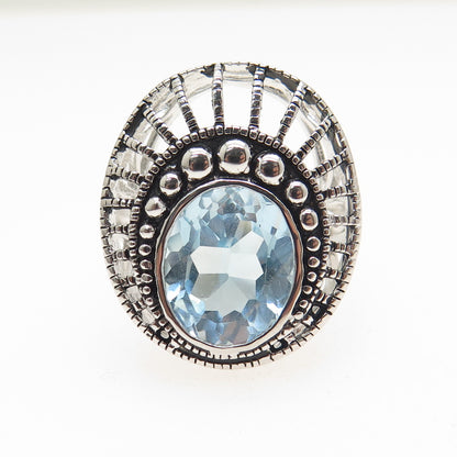 925 Sterling Silver Real Oval-Cut Blue Topaz Sunrise Oxidized Ring Size 7