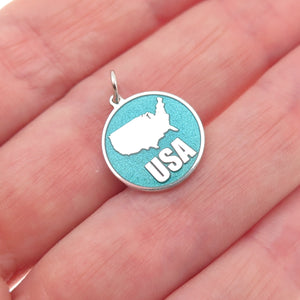 925 Sterling Silver Turquoise Enamel USA Map Round Tag Mini Charm Pendant