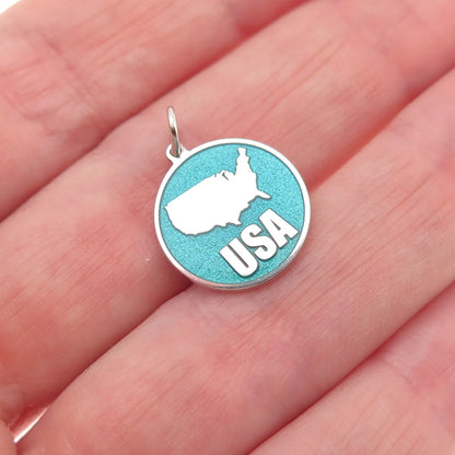 925 Sterling Silver Turquoise Enamel USA Map Round Tag Mini Charm Pendant