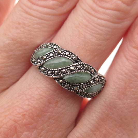 Nevada 925 Sterling Silver Vintage Real Jade & Marcasite Oxidized Ring Size 8.25