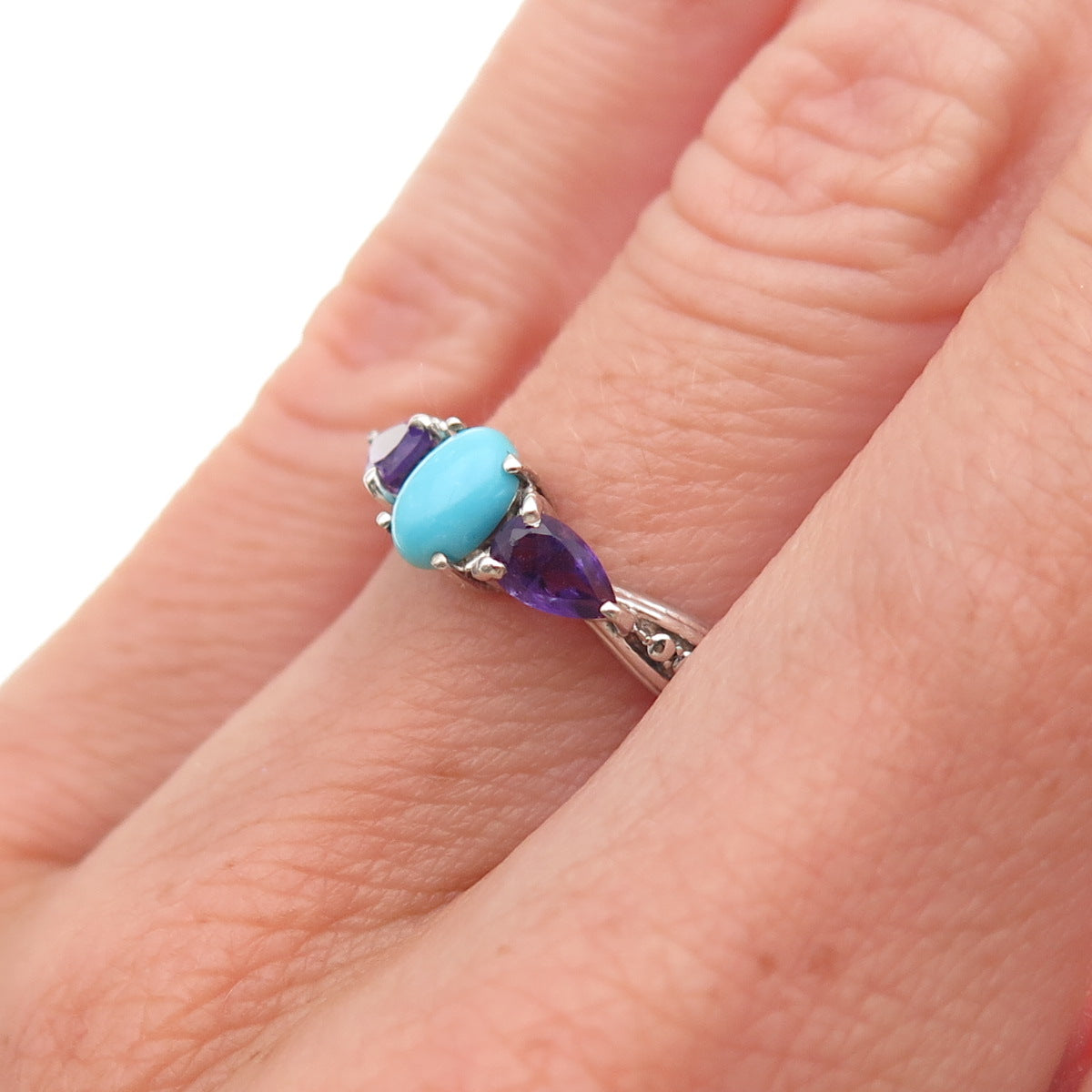 Chuck Clemency 925 Sterling Silver Real Turquoise & Amethyst Ring Size 5.25