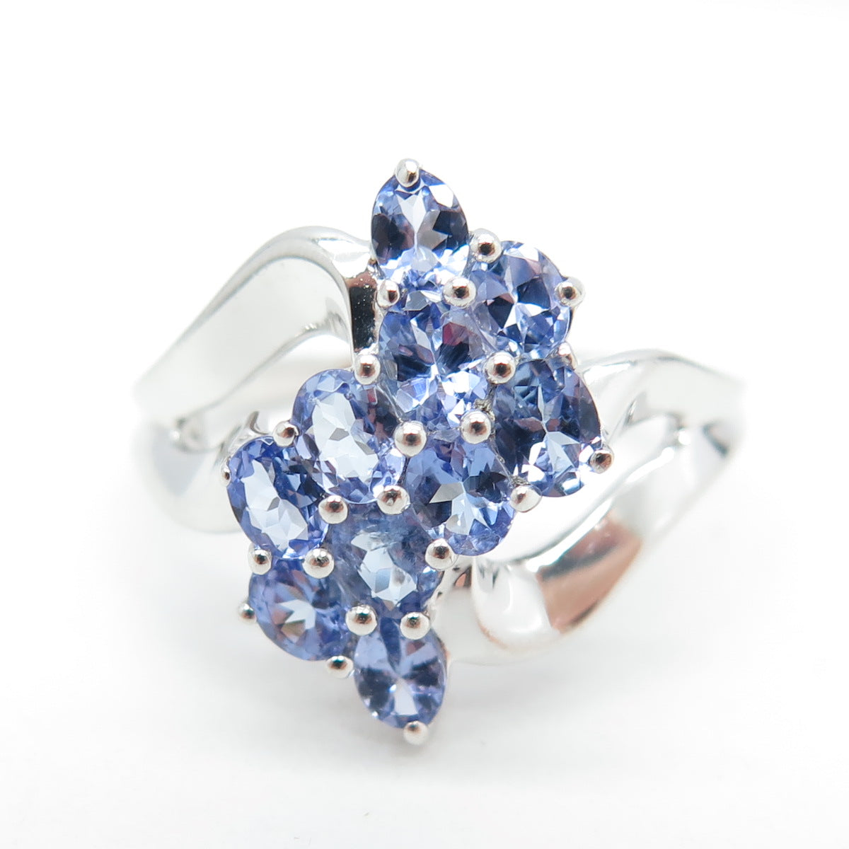 925 Sterling Silver Real Oval-Cut Tanzanite Cluster Bypass Ring Size 10.25