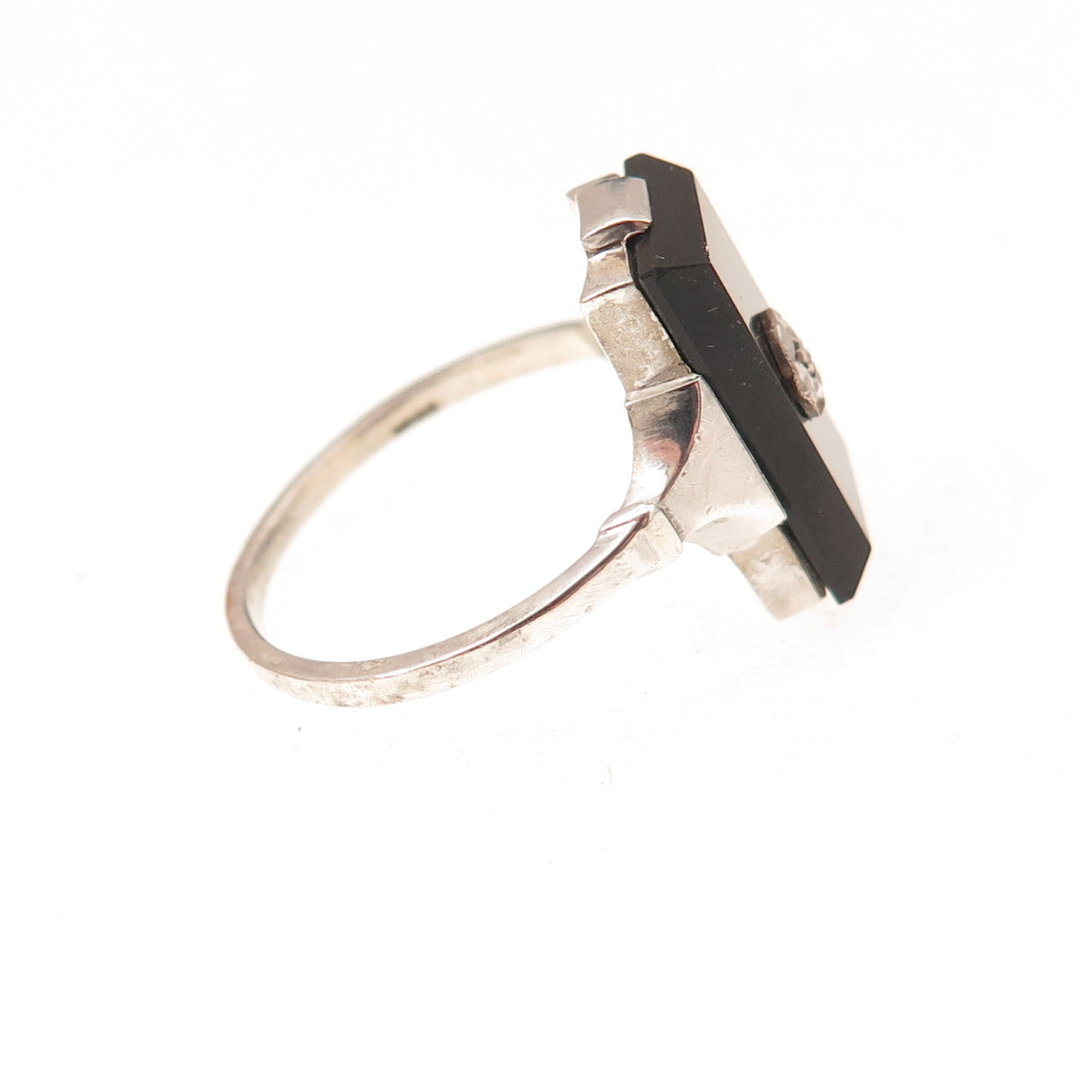925 Sterling Antique Art Deco Real Diamond Accent & Black Onyx Ring Size 5.75