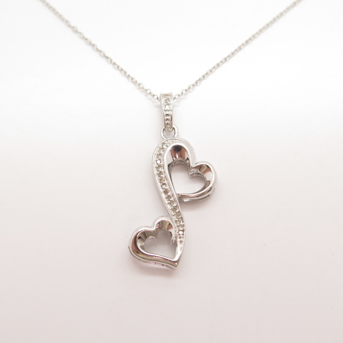 925 Sterling Silver Real White Diamond Open Double Heart Rolo Chain Necklace 16"