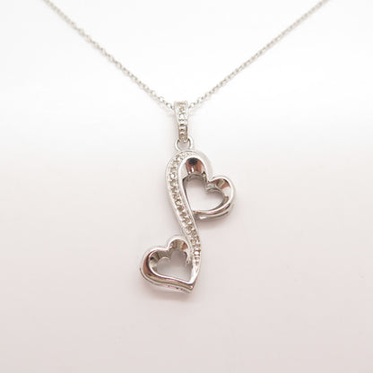 925 Sterling Silver Real White Diamond Open Double Heart Rolo Chain Necklace 16"