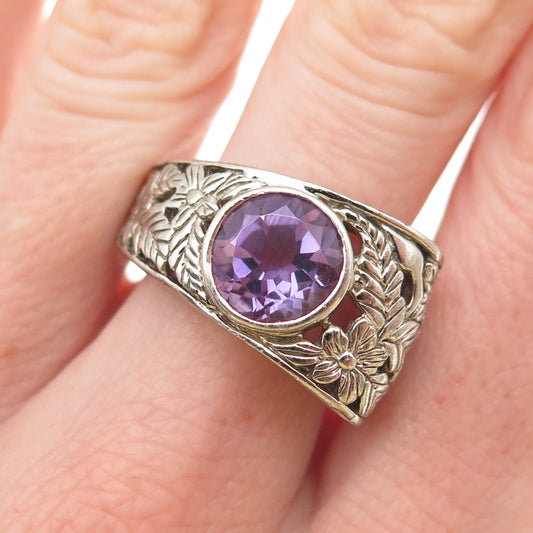 KEN CRAFTS 925 Sterling Silver Vintage Real Amethyst Floral Ring Size 9