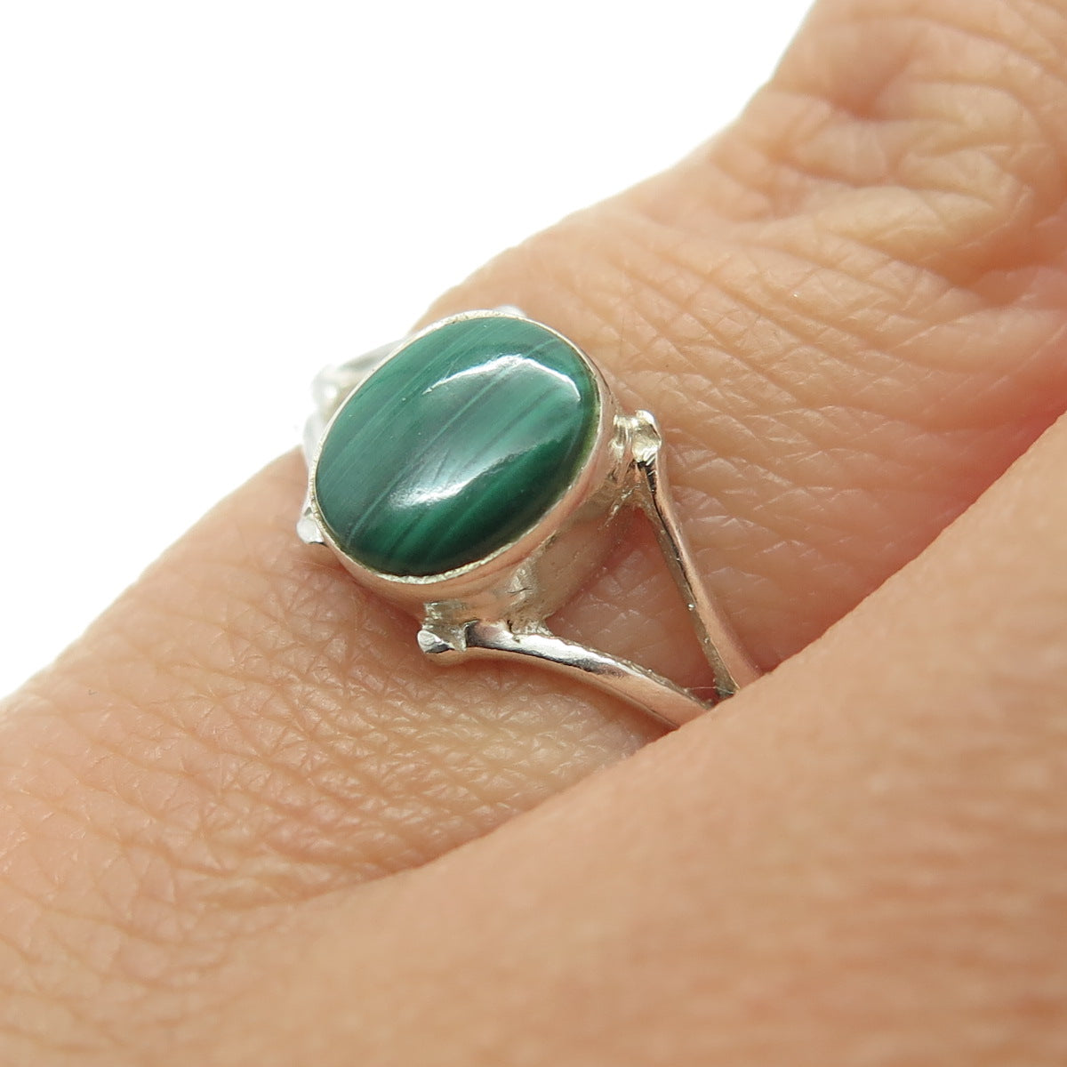 925 Sterling Silver Vintage Real Cabochon Malachite Ring Size 5.25