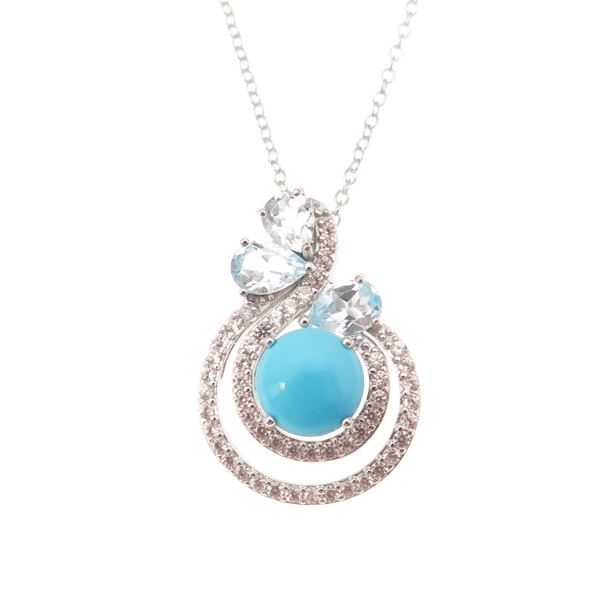 925 Sterling Silver Real Turquoise Blue & White Topaz Cable Chain Necklace 18"