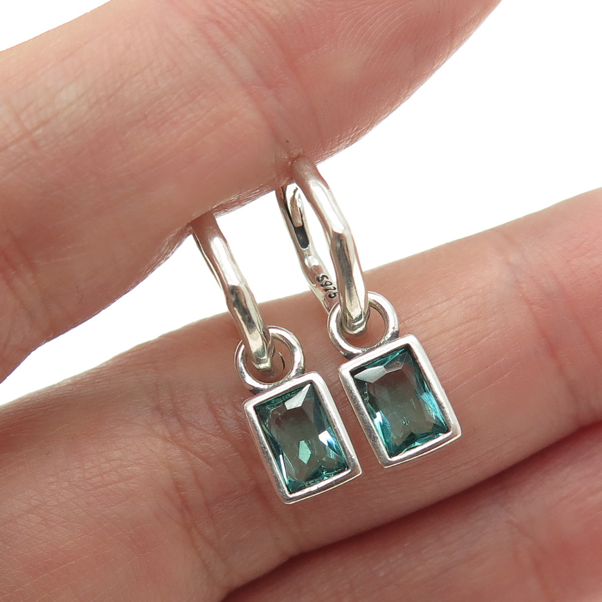 925 Sterling Silver Green Emerald-Cut Shaped C Z Huggie Earrings