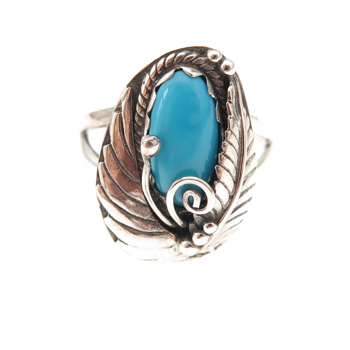 925 Sterling Vintage Real Sleeping Beauty Turquoise Feather Ring Size 8.25