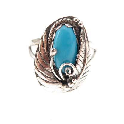 925 Sterling Vintage Real Sleeping Beauty Turquoise Feather Ring Size 8.25