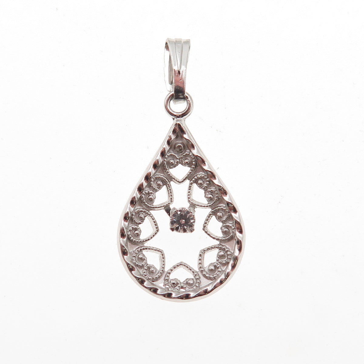 Marvel 925 Sterling Silver Vintage Round-Cut C Z Heart Teardrop Charm Pendant