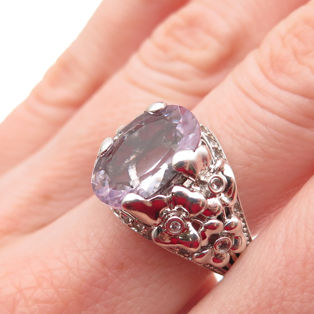 925 Sterling Silver Vintage Real Amethyst & White Topaz Modernist Ring Size 8