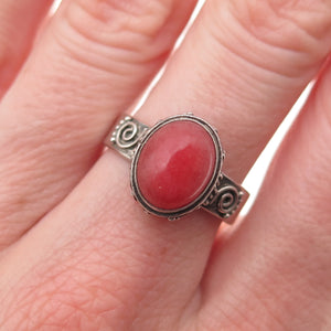 925 Sterling Silver Vintage Real Cherry Quartz Spiral Oxidized Ring Size 7.5